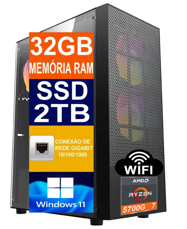 Pc Gamer Cpu Ryzen7 5700g, Ssd 2Tb M.2 Nvme, 32gb Memória